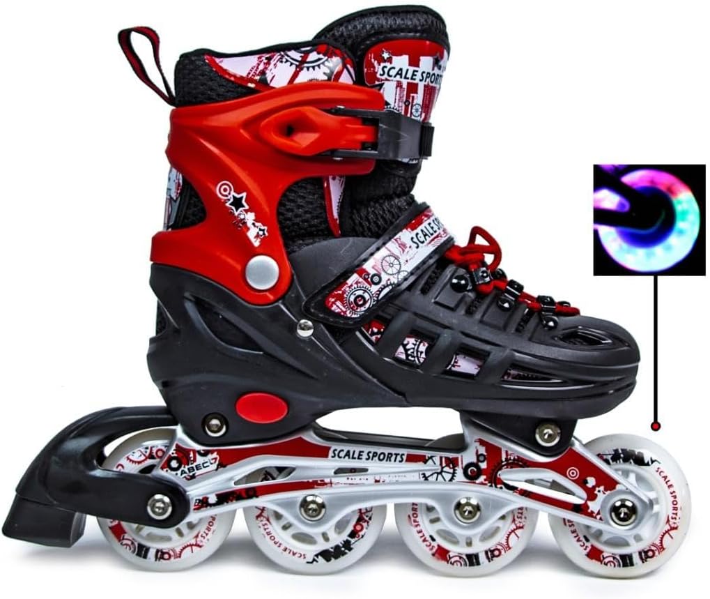 Scale Sports - Adjustuble Roller Skates with light up wheels for children and adults | Red