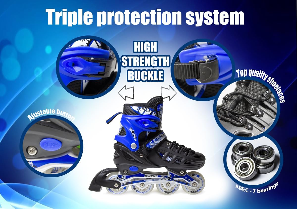 Scale Sports - Adjustuble Roller Skates with light up wheels for children and adults | Blue
