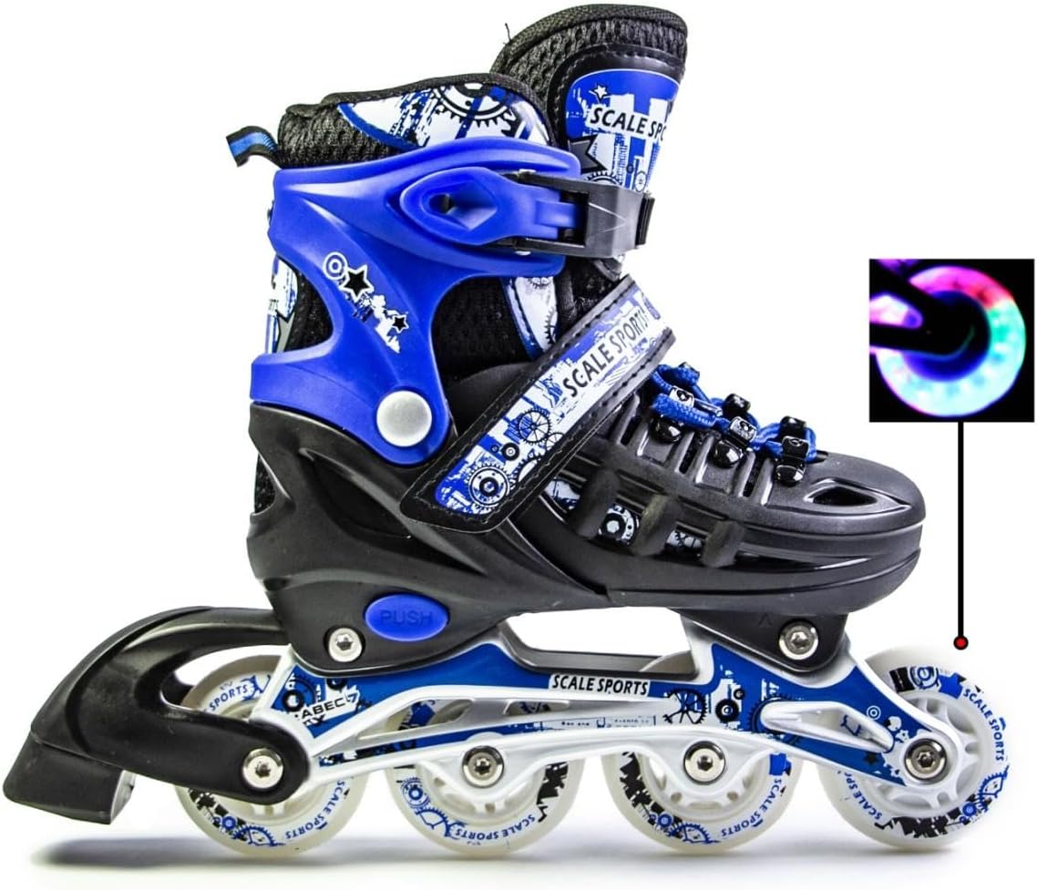 Scale Sports - Adjustuble Roller Skates with light up wheels for children and adults | Blue