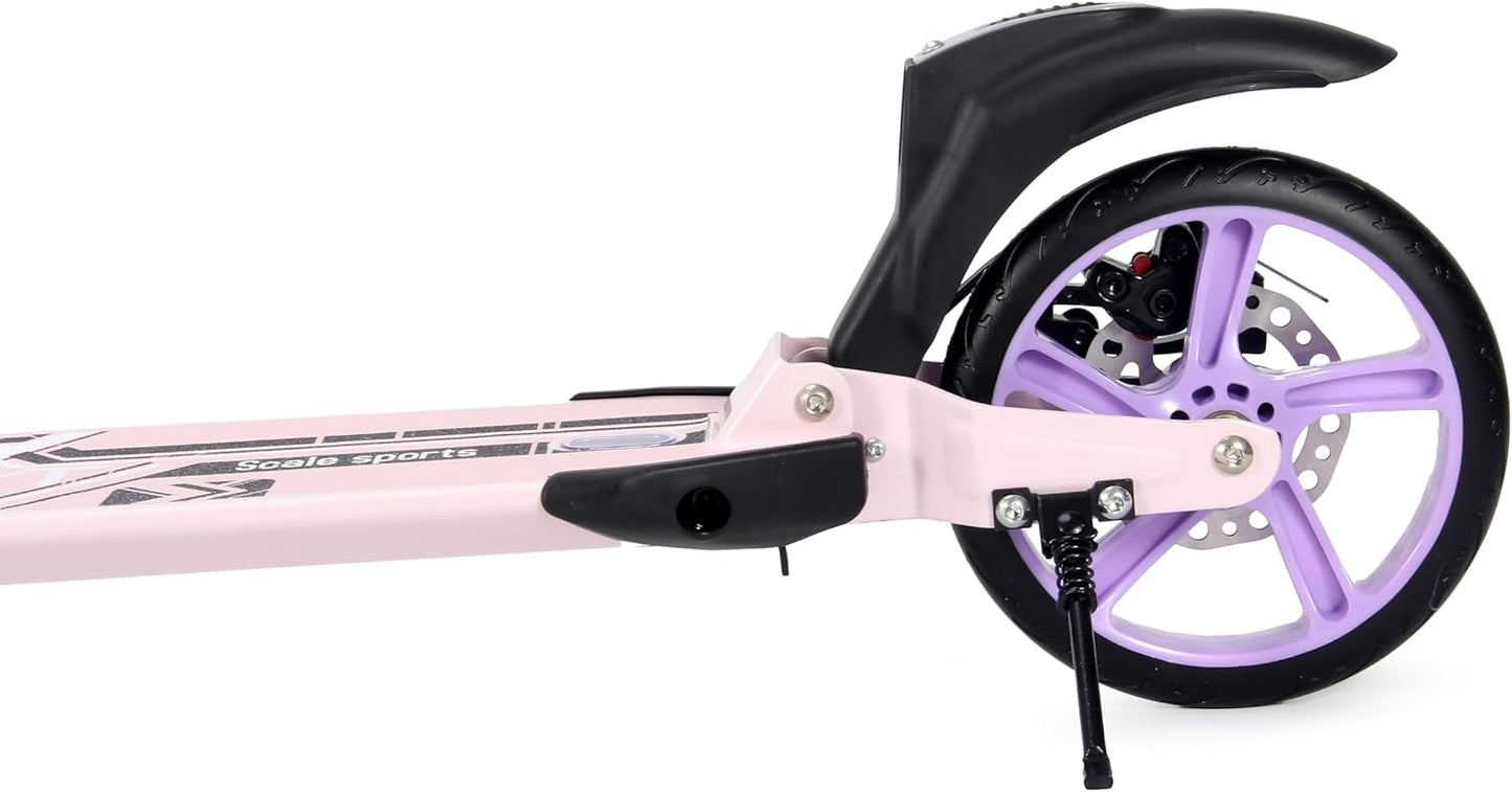 Scale Sports Purple Kick Scooter – Folding, Adjustable for Kids & Adults, Disc Brake, Dual Suspension, 200mm Wheels