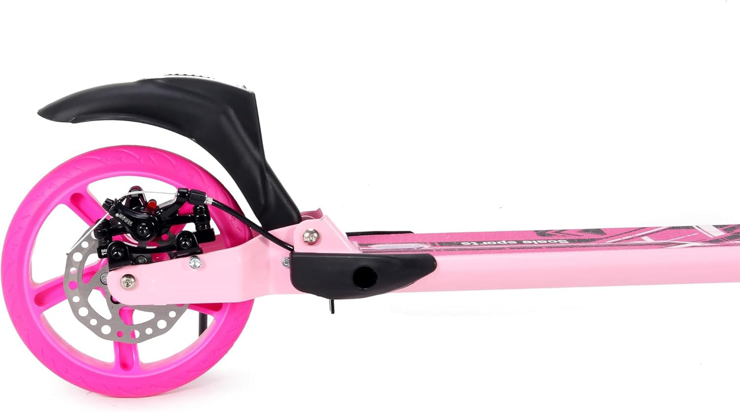Scale Sports Pink Kick Scooter – Folding, Adjustable for Kids & Adults, Disc Brake, Dual Suspension, 200mm Wheels