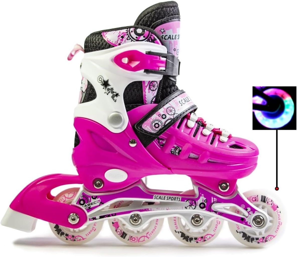 Scale Sports - Adjustuble Roller Skates with light up wheels  | Pink