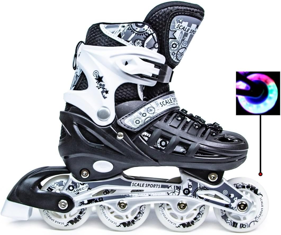 Scale Sports - Adjustuble Roller Skates with light up wheels for children and adults | Black
