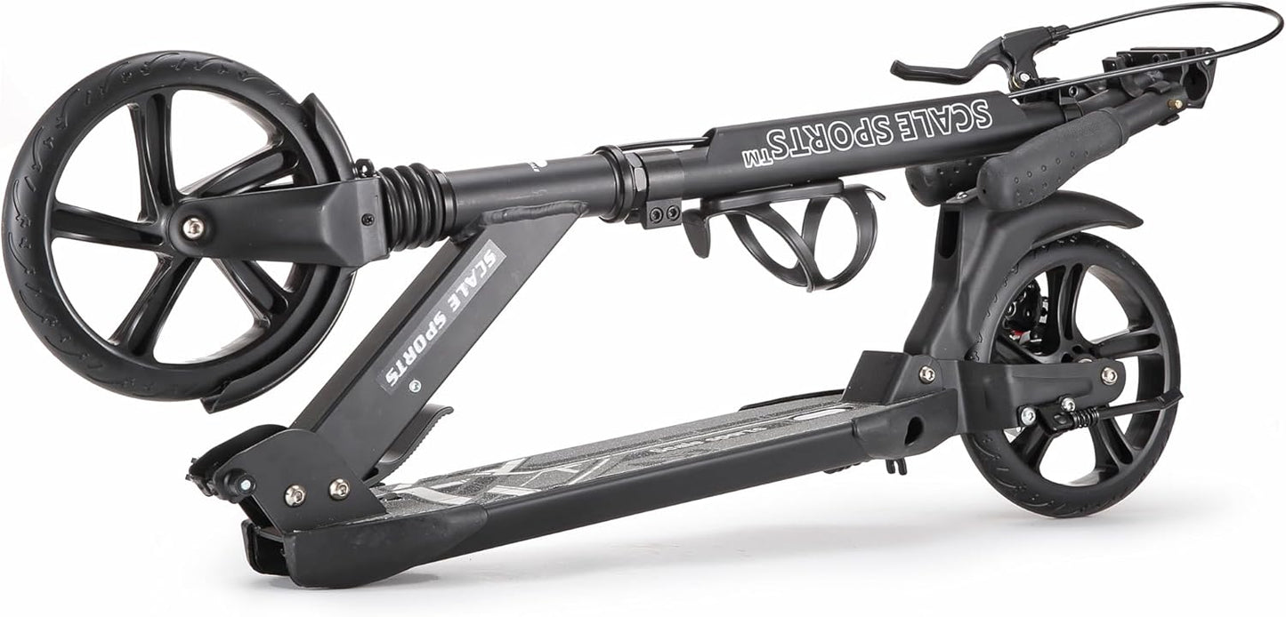 Scale Sports Black Kick Scooter – Folding, Adjustable for Kids & Adults, Disc Brake, Dual Suspension, 200mm Wheels