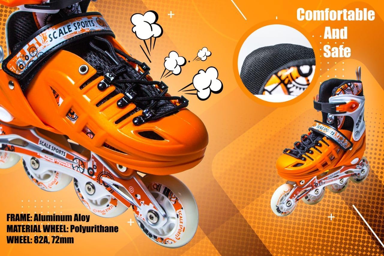 Scale Sports - Adjustuble Roller Skates with light up wheels for children and adults | Orange