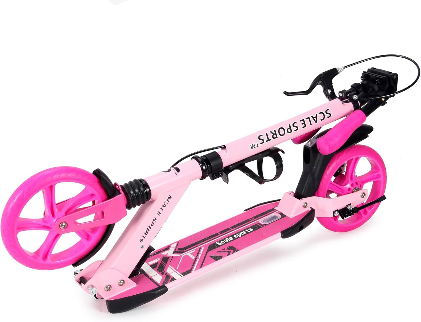 Scale Sports Pink Kick Scooter – Folding, Adjustable for Kids & Adults, Disc Brake, Dual Suspension, 200mm Wheels