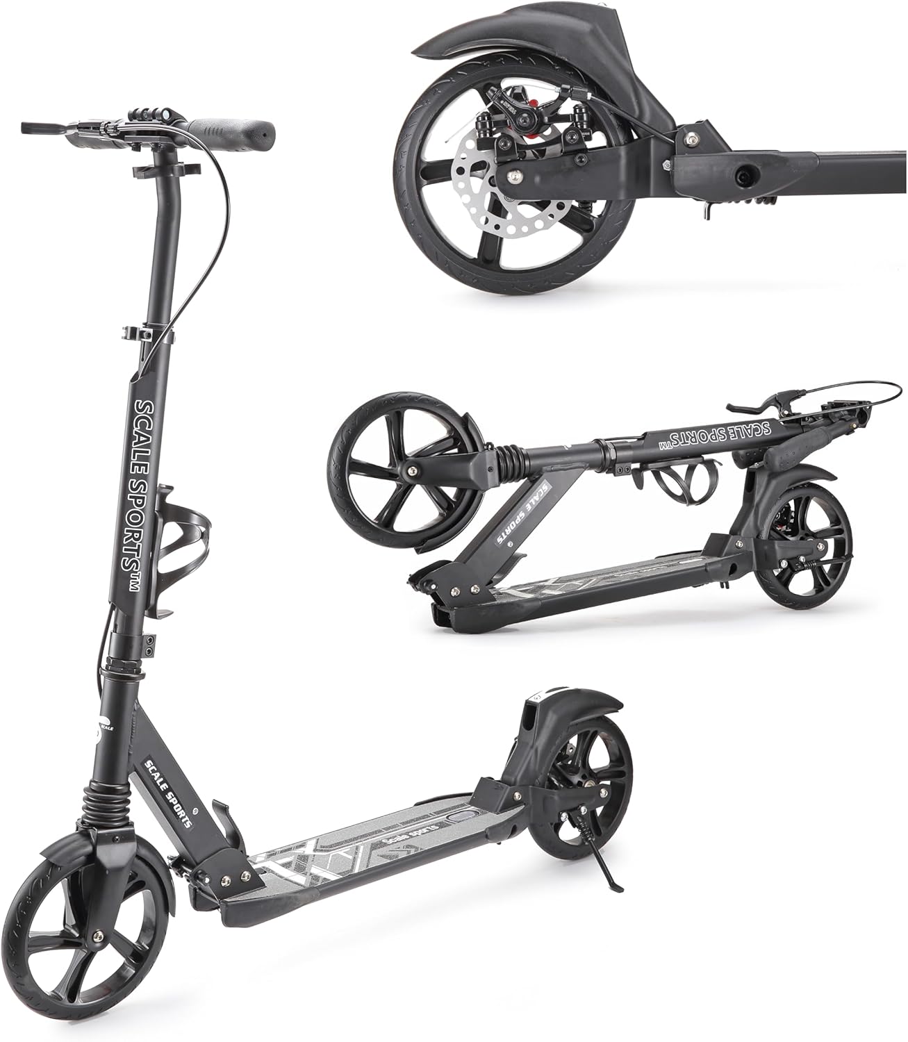 Scale Sports Black Kick Scooter – Folding, Adjustable for Kids & Adults, Disc Brake, Dual Suspension, 200mm Wheels