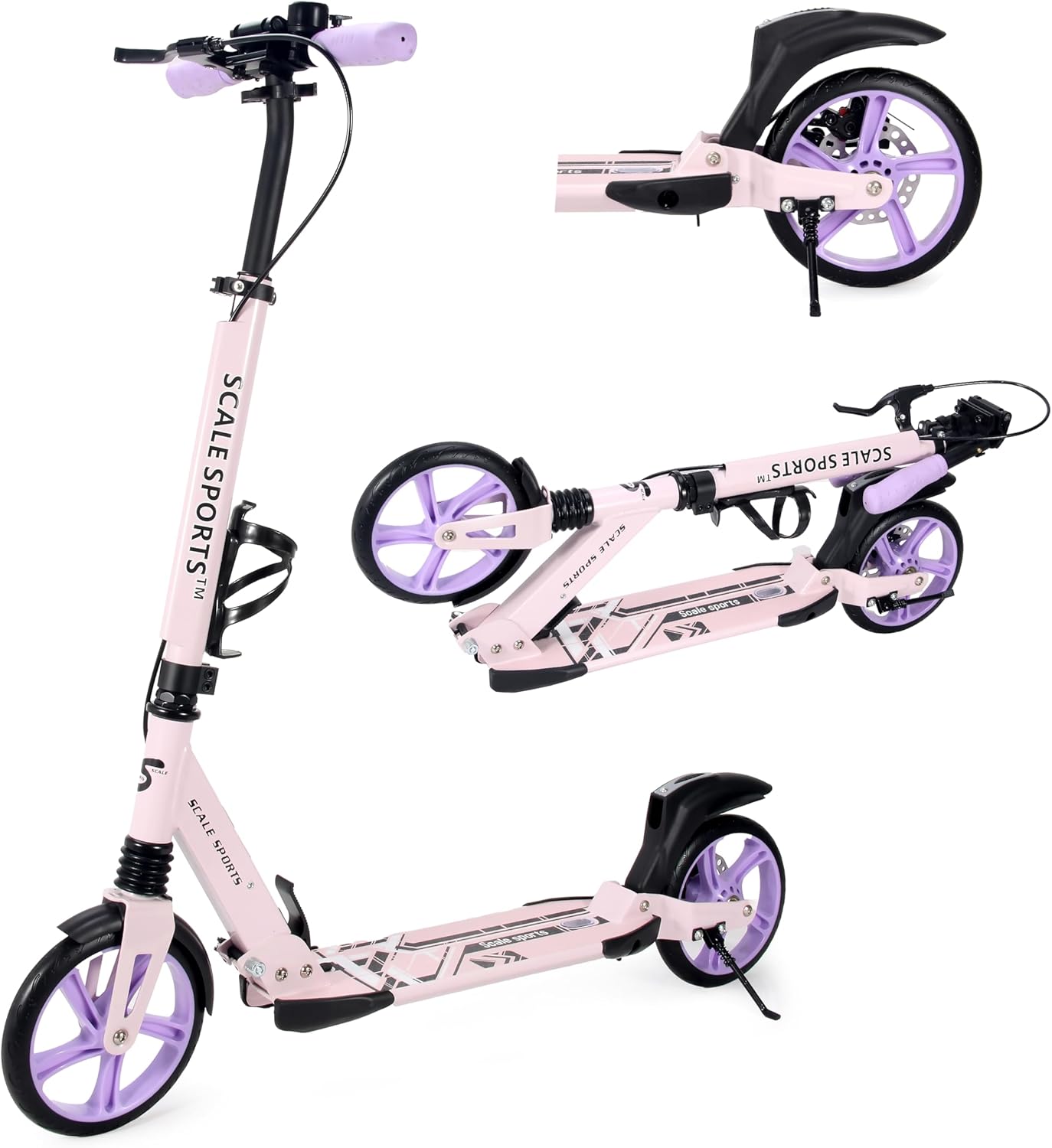 Scale Sports Purple Kick Scooter – Folding, Adjustable for Kids & Adults, Disc Brake, Dual Suspension, 200mm Wheels