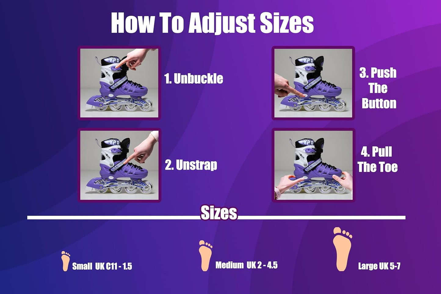 Scale Sports - Adjustuble Roller Skates with light up wheels for children and adults | Purple