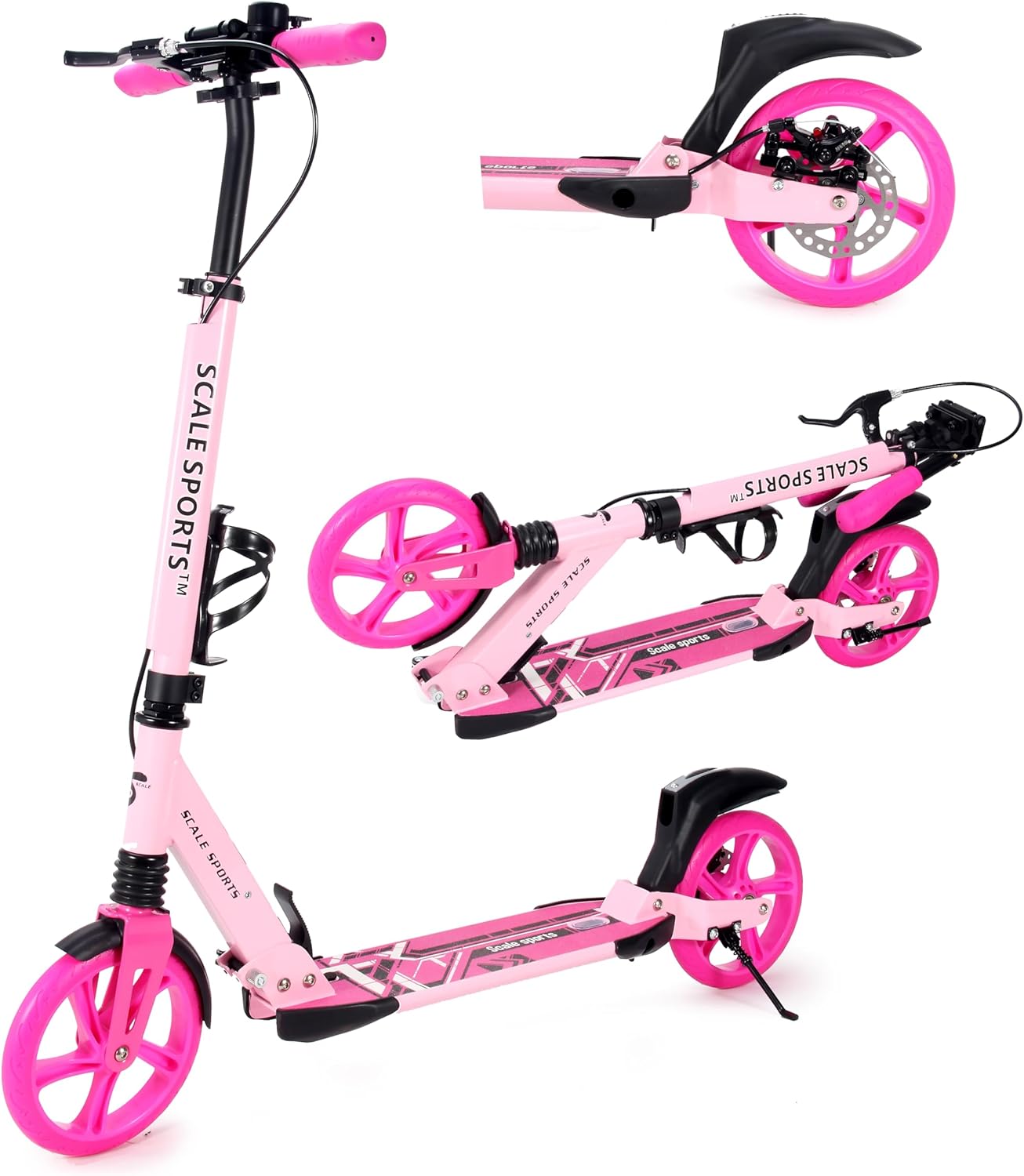 Scale Sports Pink Kick Scooter – Folding, Adjustable for Kids & Adults, Disc Brake, Dual Suspension, 200mm Wheels
