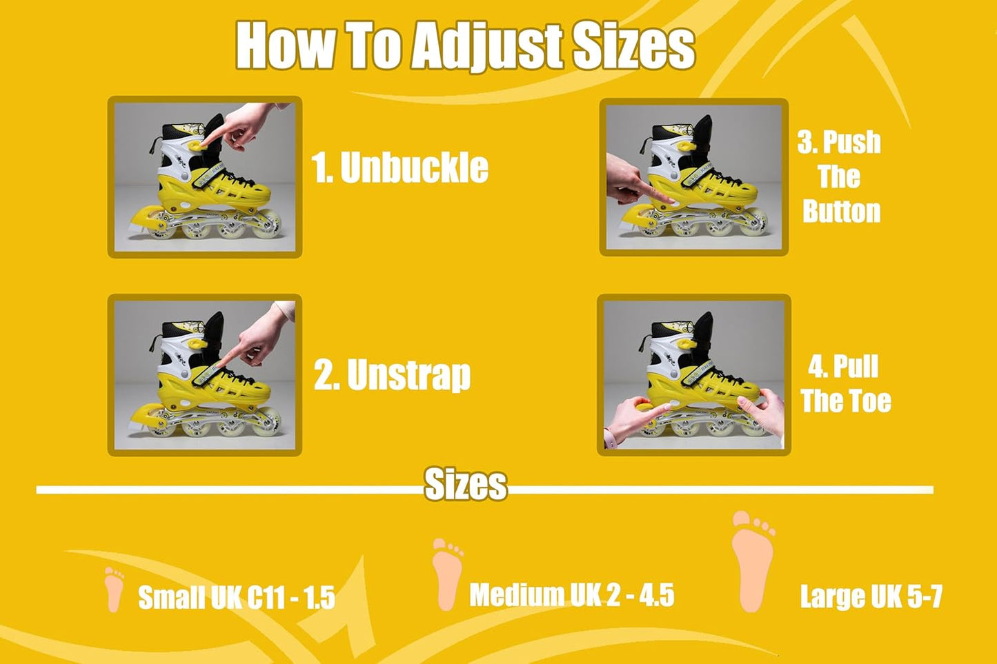 Scale Sports - Adjustuble Roller Skates with light up wheels for children and adults | Yellow