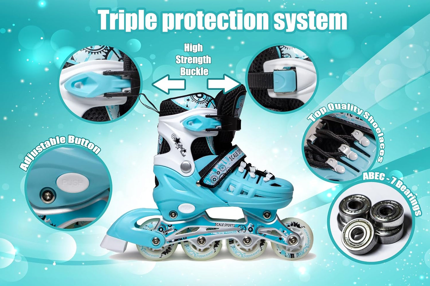 Scale Sports - Adjustuble Roller Skates with light up wheels for children and adults | Mint