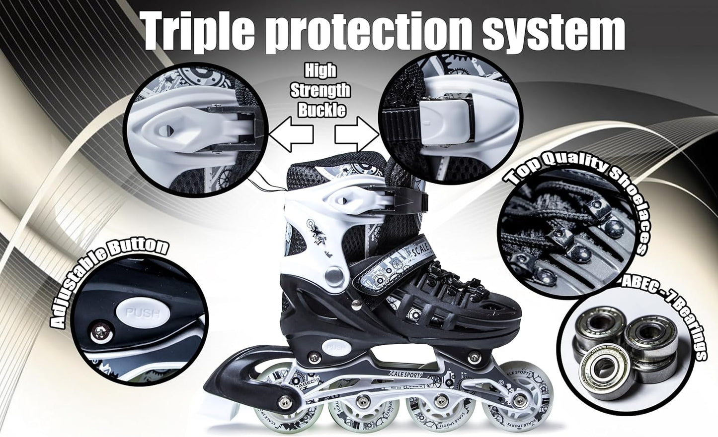 Scale Sports - Adjustuble Roller Skates with light up wheels for children and adults | Black