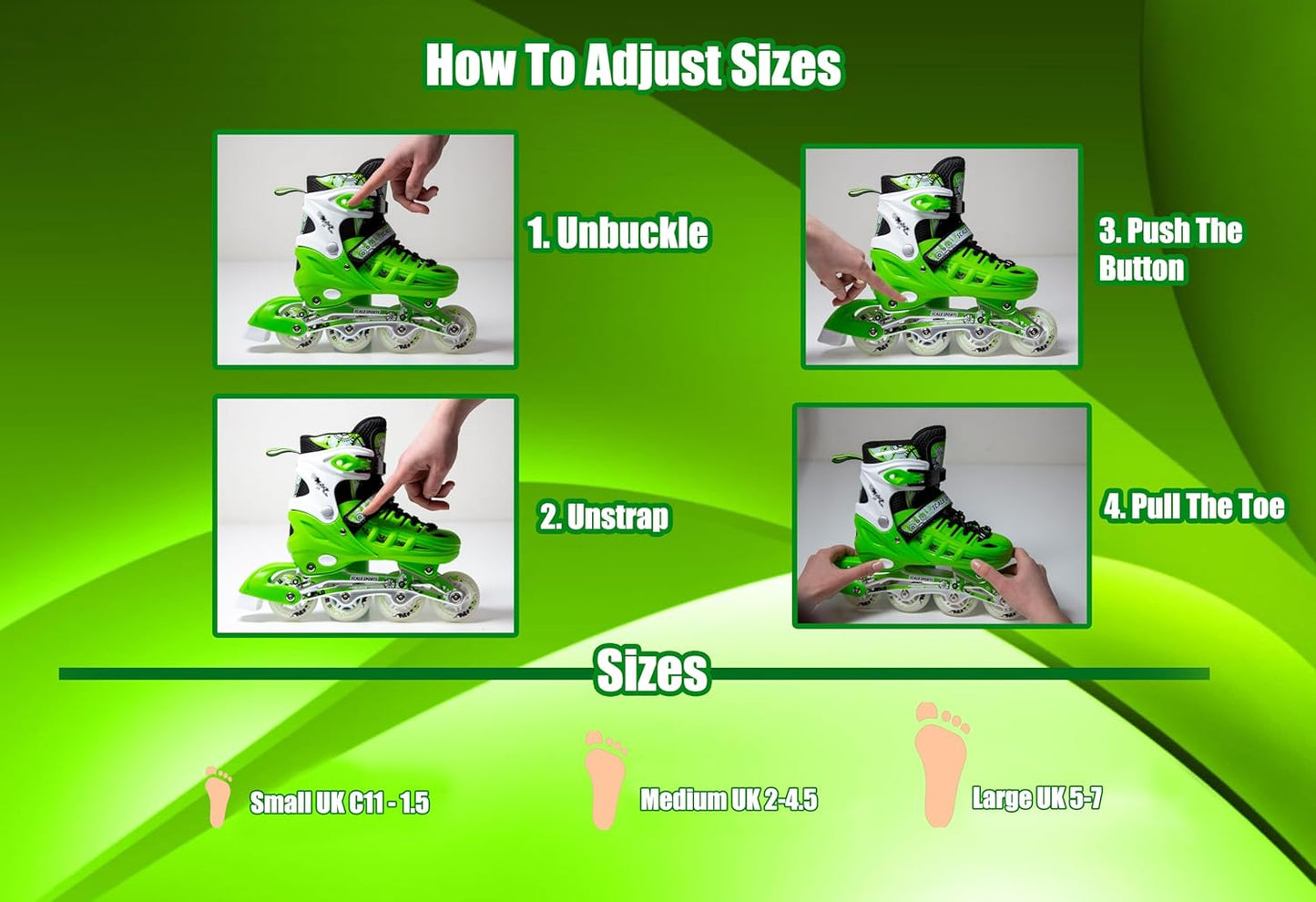 Scale Sports - Adjustuble Roller Skates with light up wheels for children and adults | Green
