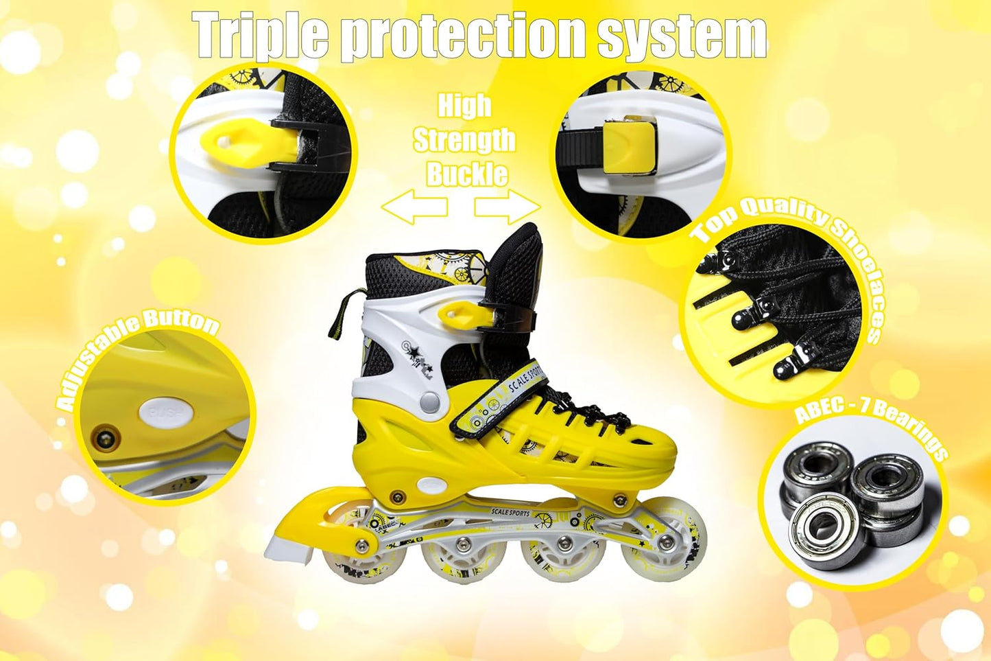Scale Sports - Adjustuble Roller Skates with light up wheels for children and adults | Yellow