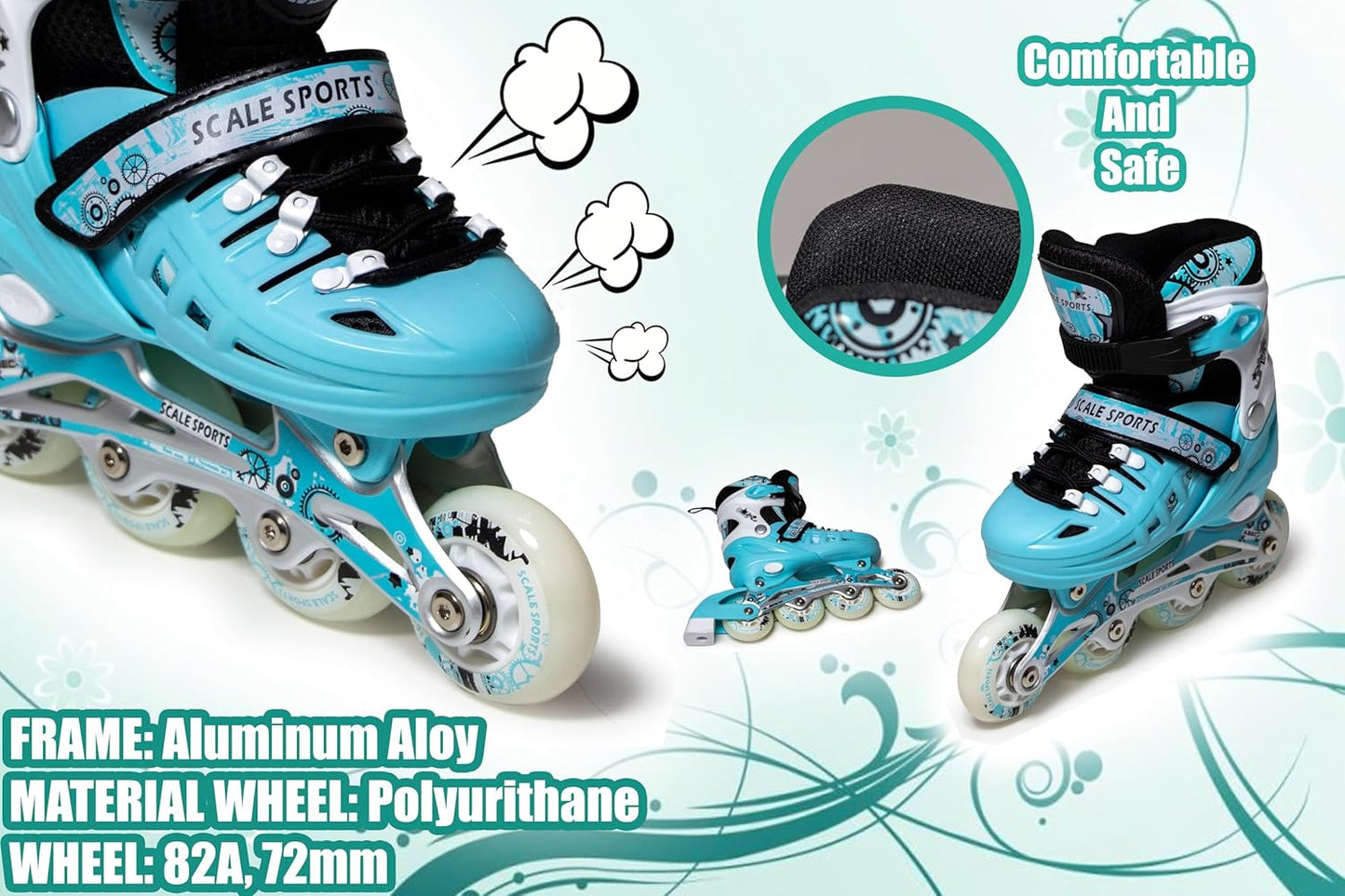 Scale Sports - Adjustuble Roller Skates with light up wheels for children and adults | Mint