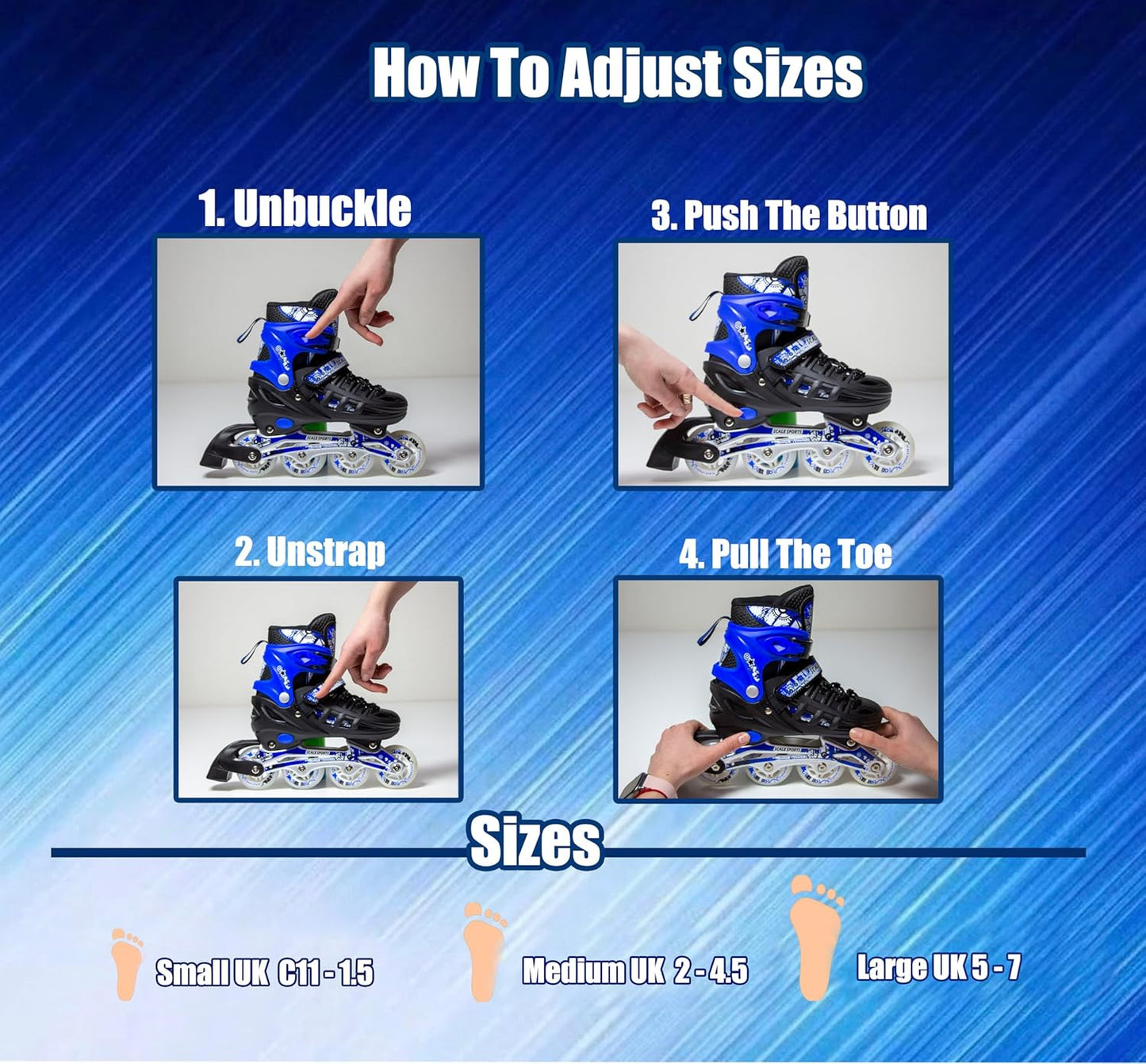 Scale Sports - Adjustuble Roller Skates with light up wheels for children and adults | Blue