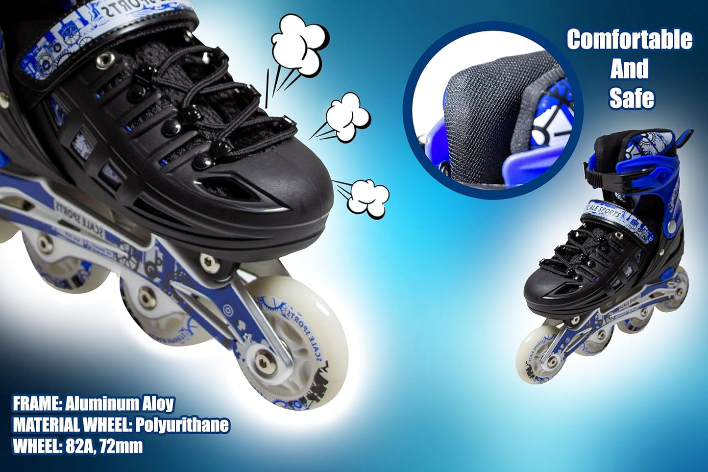 Scale Sports - Adjustuble Roller Skates with light up wheels for children and adults | Blue