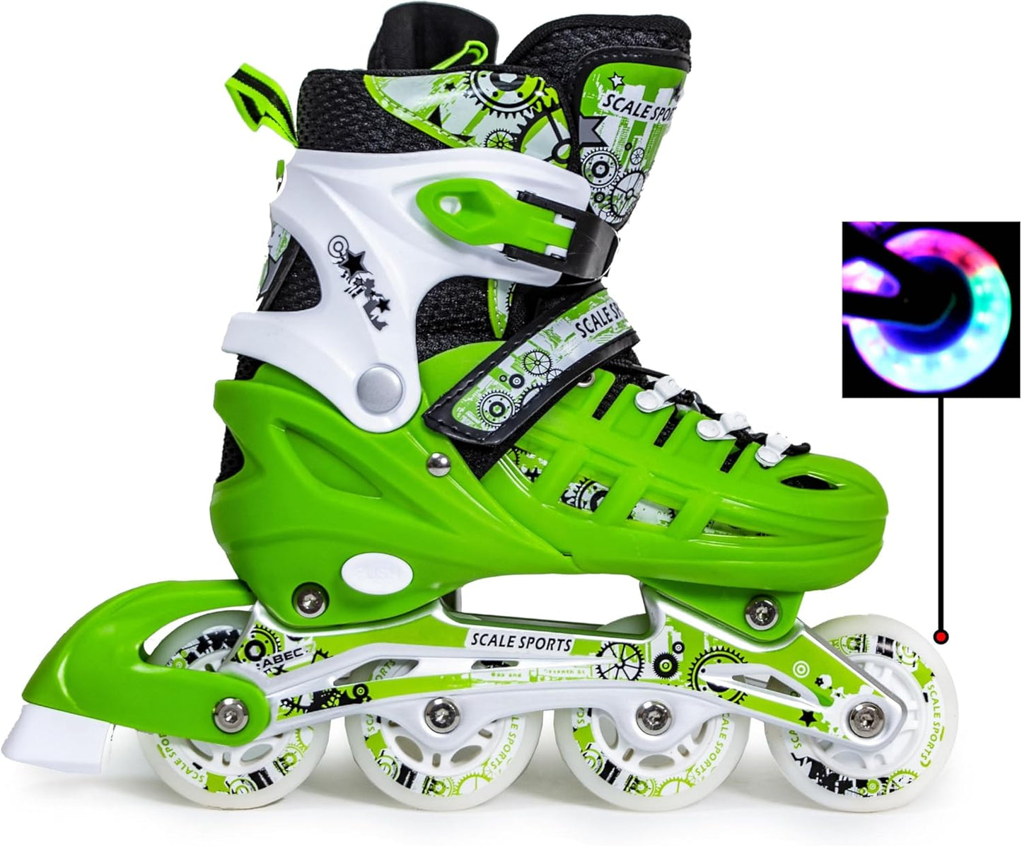 Scale Sports - Adjustuble Roller Skates with light up wheels for children and adults | Green