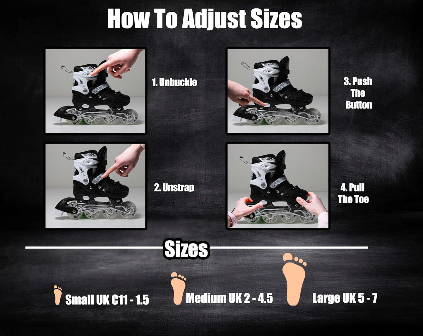 Scale Sports - Adjustuble Roller Skates with light up wheels for children and adults | Black