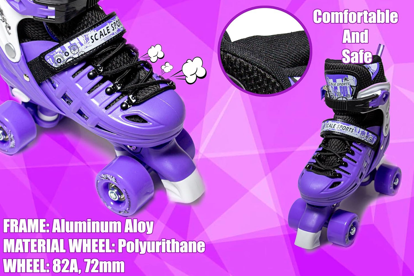 3 sizes Adjustable Quad Roller Skates for boys and girls | Purple