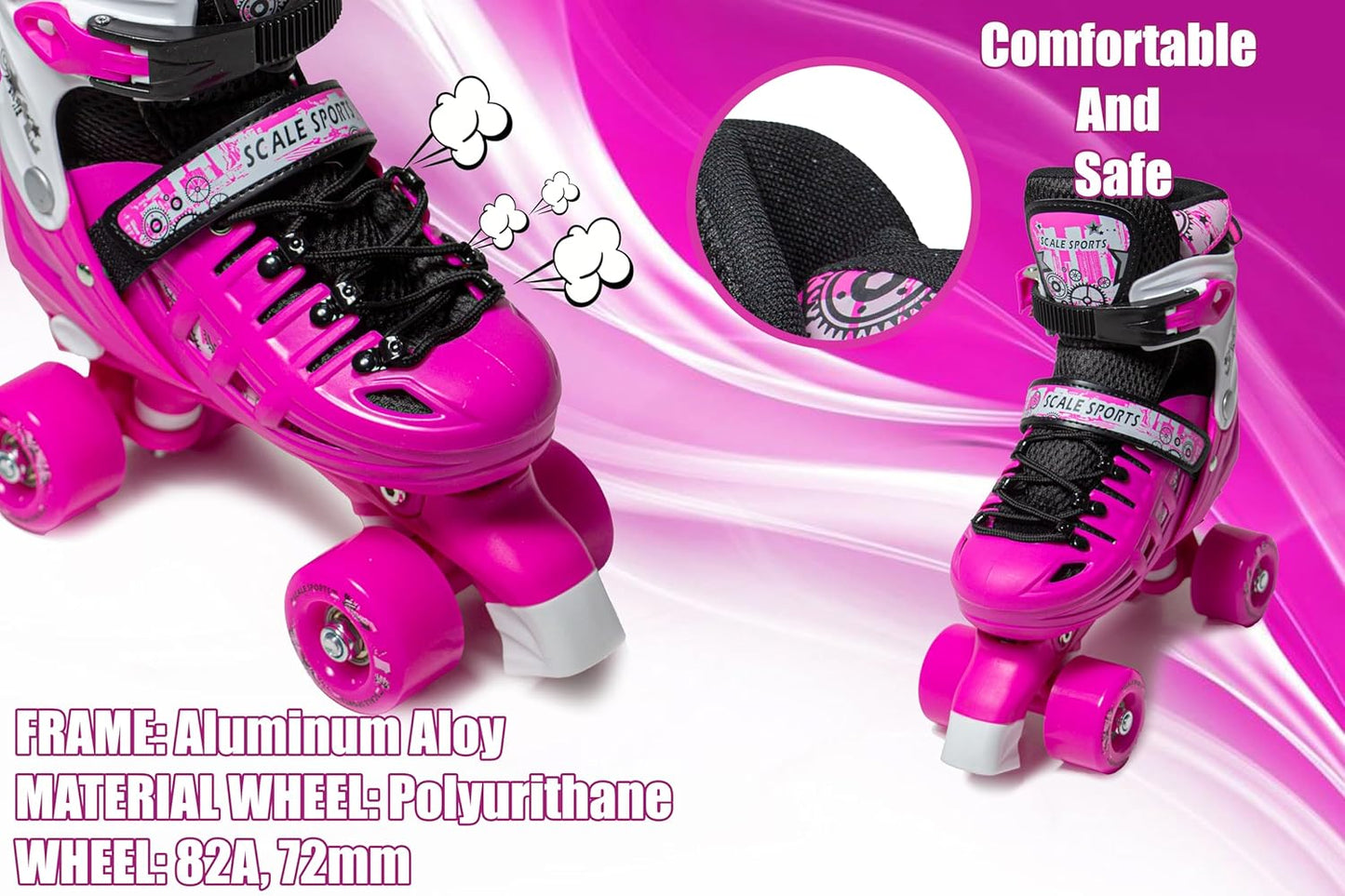 3 sizes Adjustable Quad Roller Skates for boys and girls | Pink