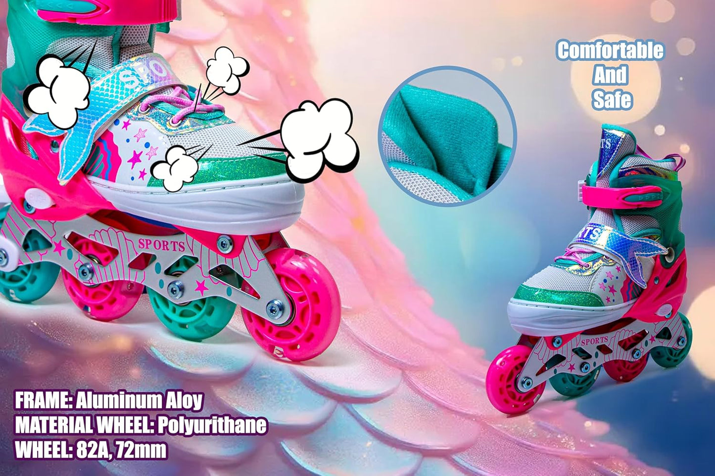 Mermaid Adjustable Inline Skates for Girls – Multicolour | Light-Up Wheels | Scale Sports