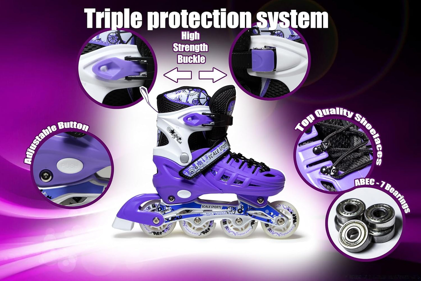 Scale Sports - Adjustuble Roller Skates with light up wheels for children and adults | Purple