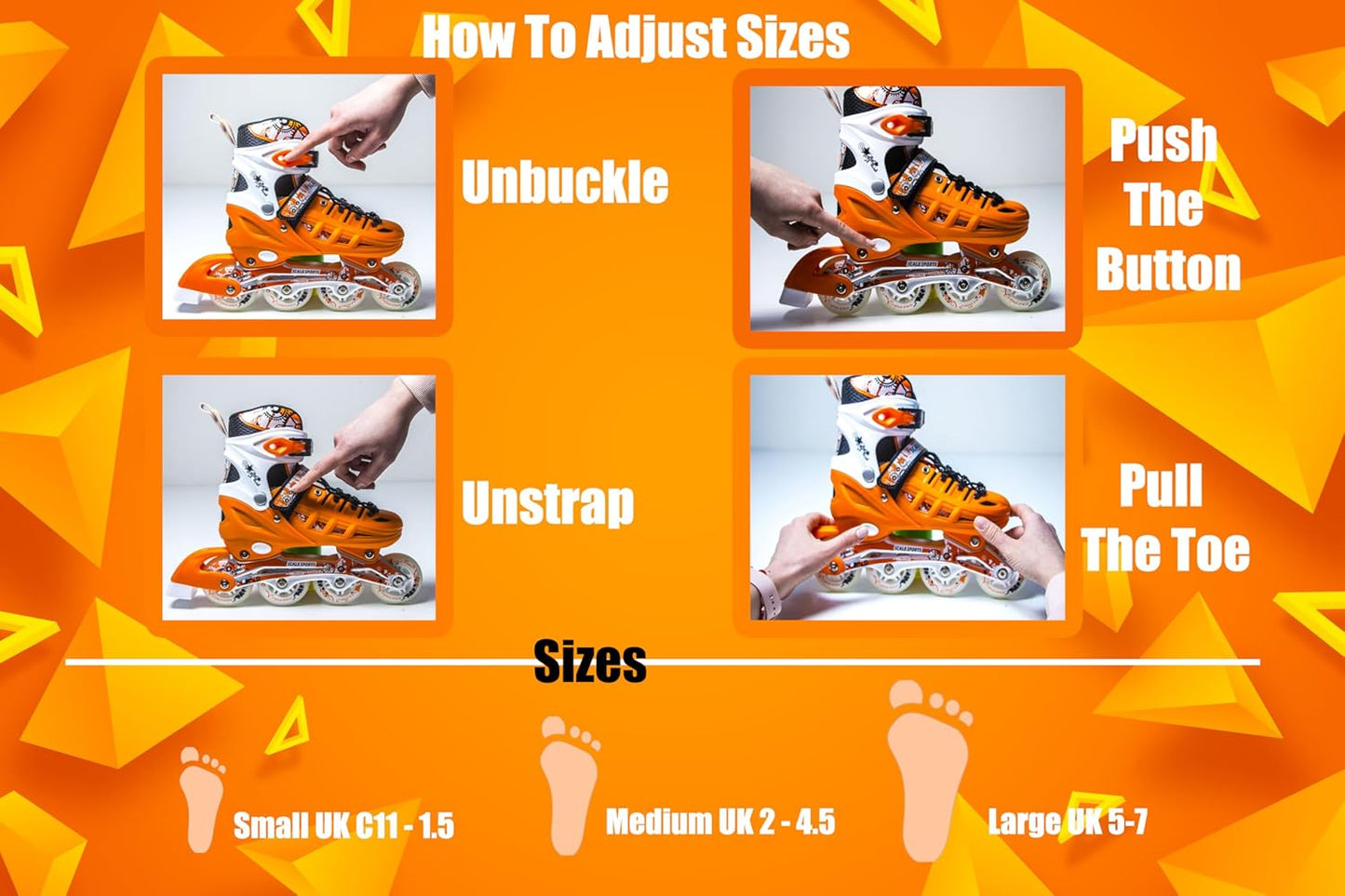 Scale Sports - Adjustuble Roller Skates with light up wheels for children and adults | Orange
