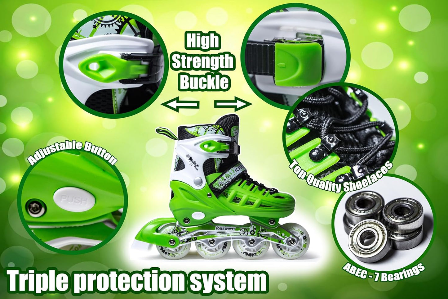 Scale Sports - Adjustuble Roller Skates with light up wheels for children and adults | Green