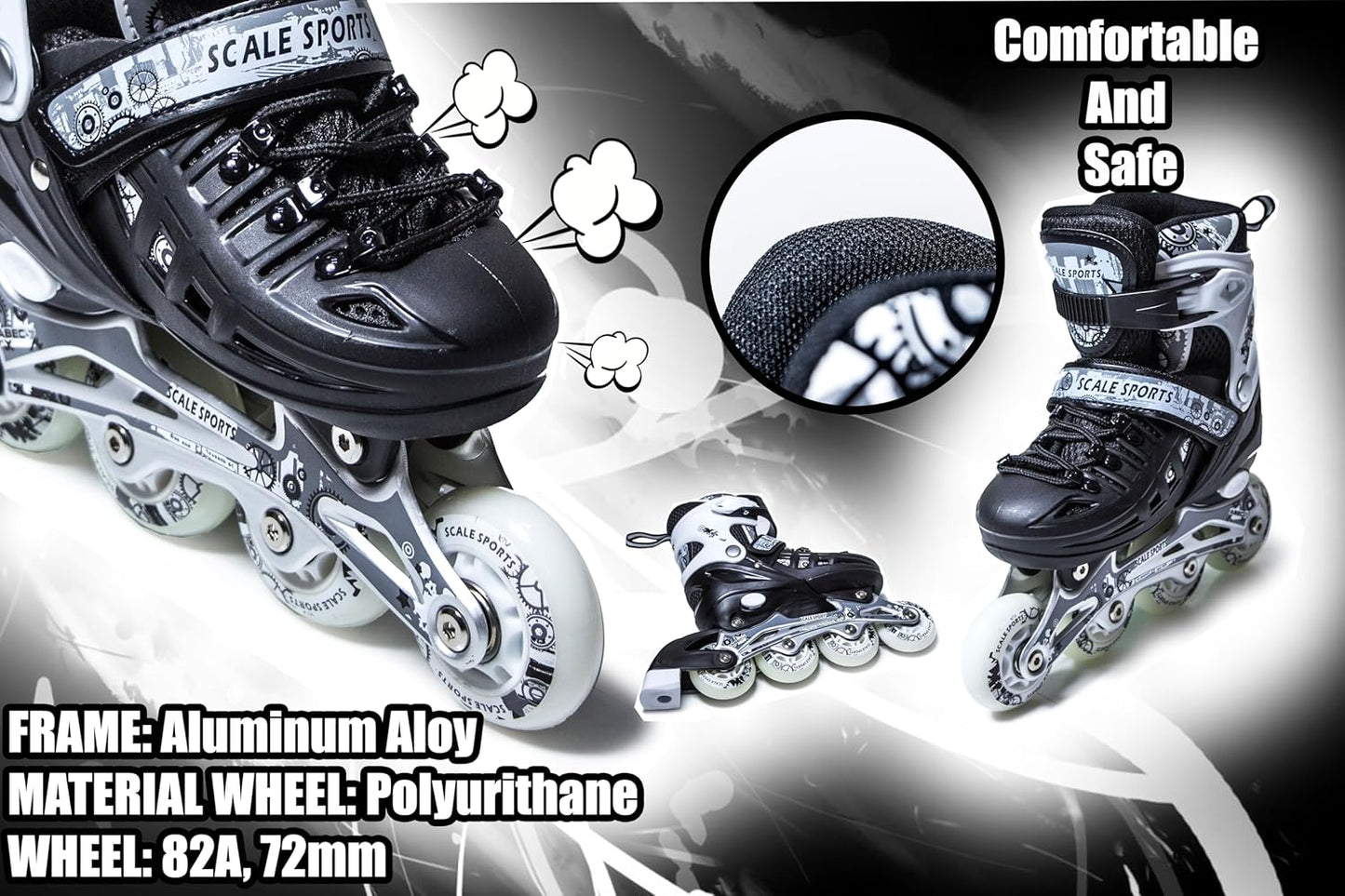 Scale Sports - Adjustuble Roller Skates with light up wheels for children and adults | Black