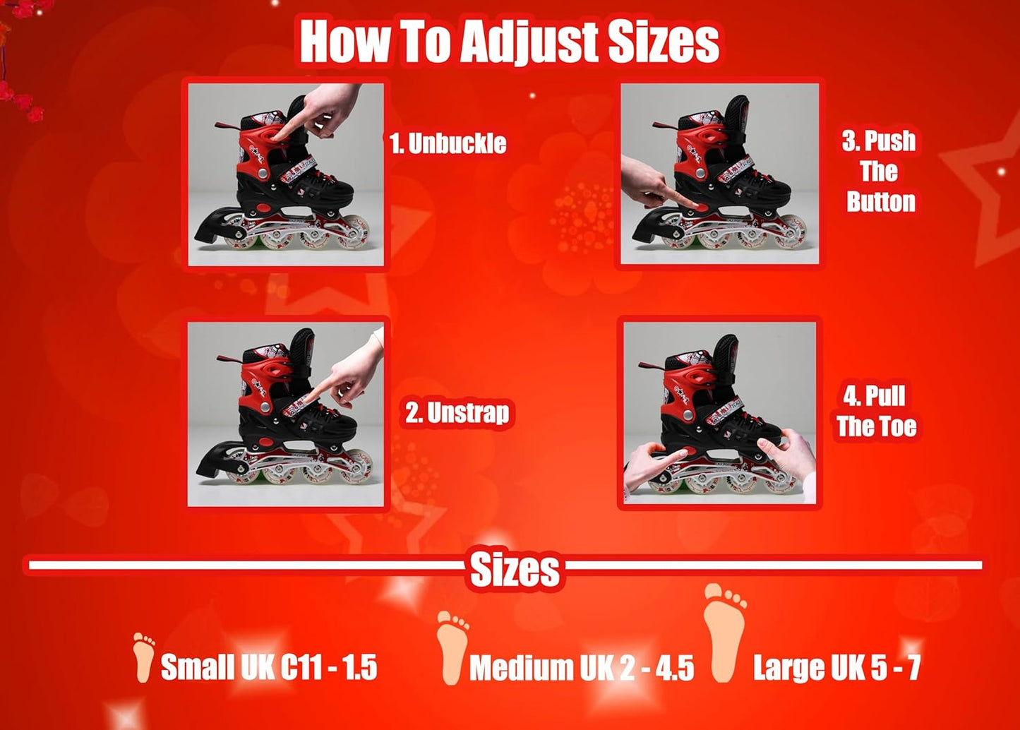 Scale Sports - Adjustuble Roller Skates with light up wheels for children and adults | Red