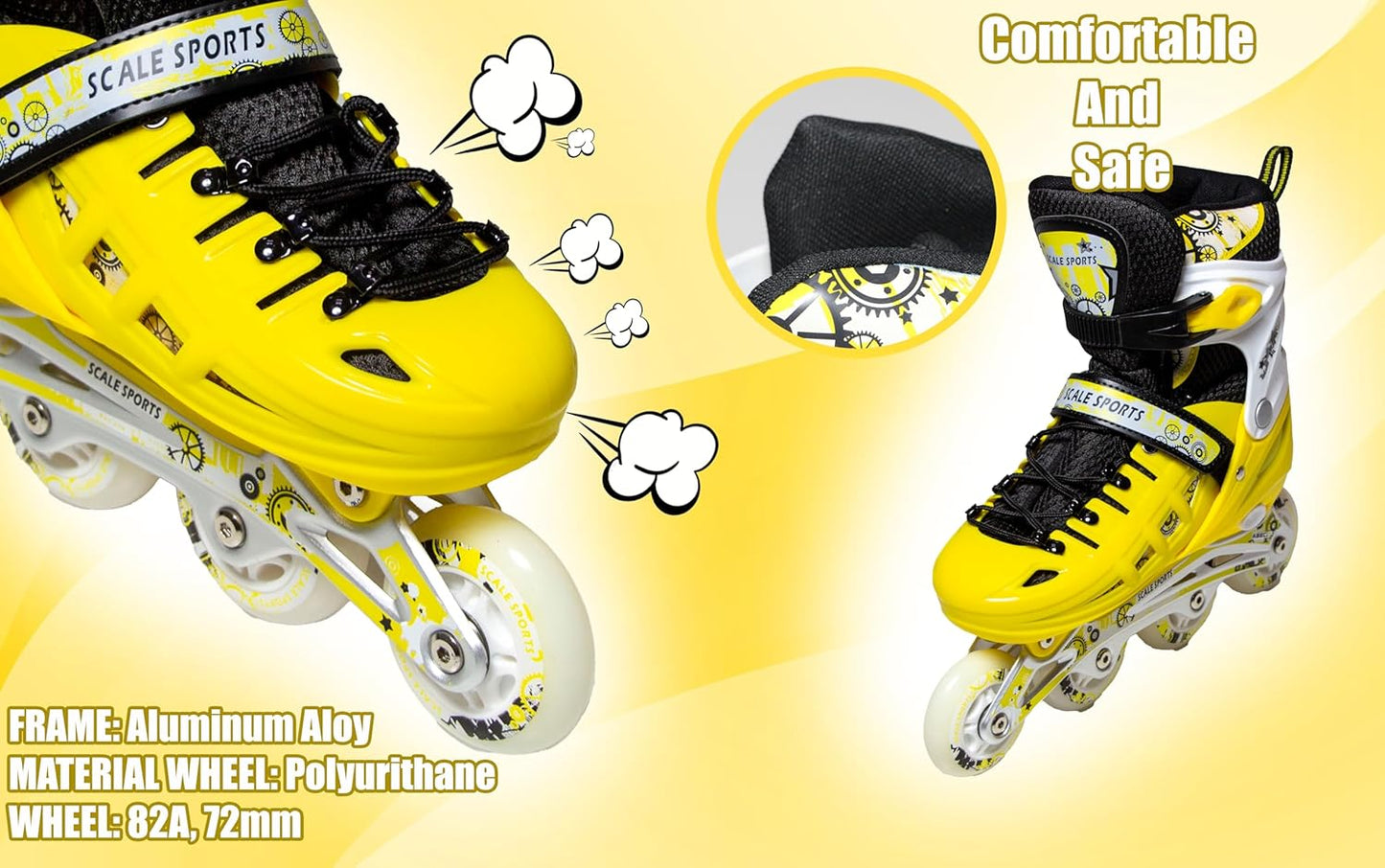 Scale Sports - Adjustuble Roller Skates with light up wheels for children and adults | Yellow