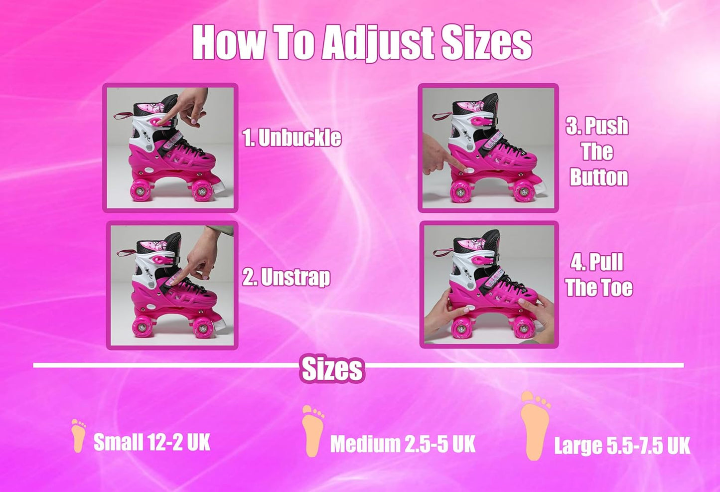 3 sizes Adjustable Quad Roller Skates for boys and girls | Pink