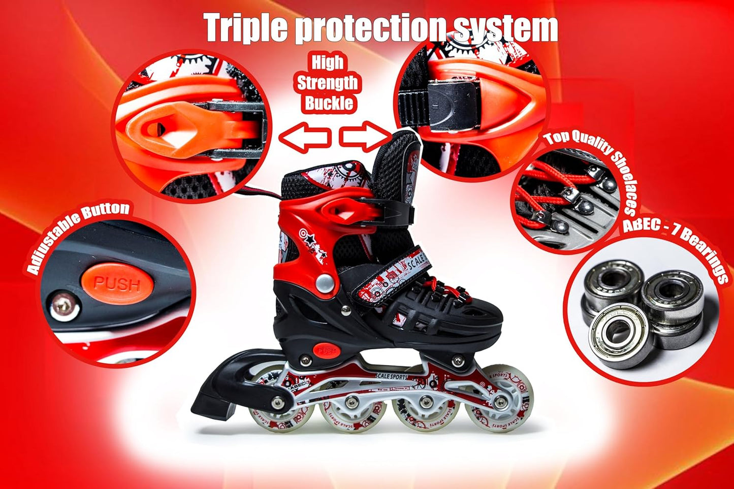 Scale Sports - Adjustuble Roller Skates with light up wheels for children and adults | Red