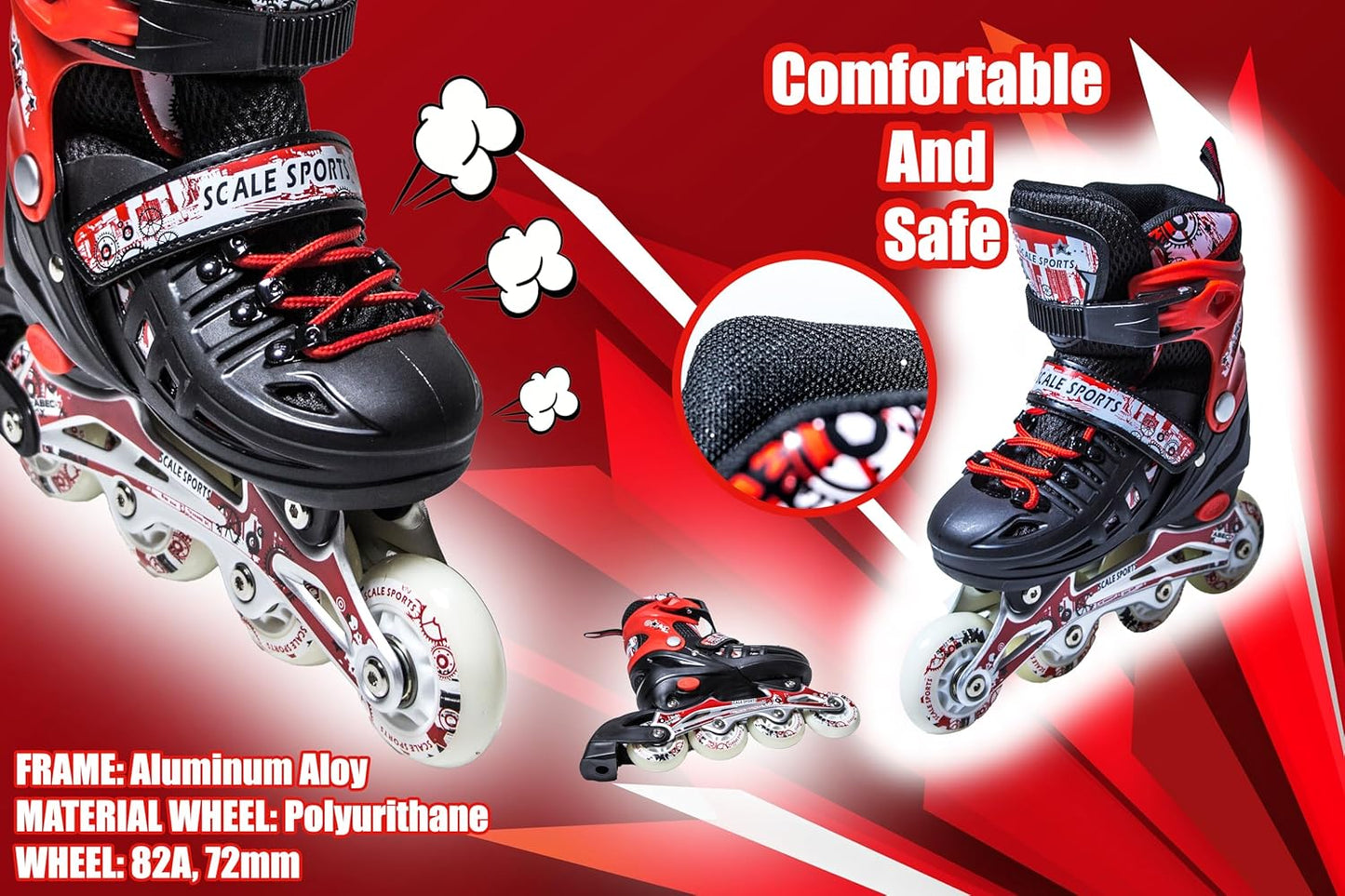 Scale Sports - Adjustuble Roller Skates with light up wheels for children and adults | Red