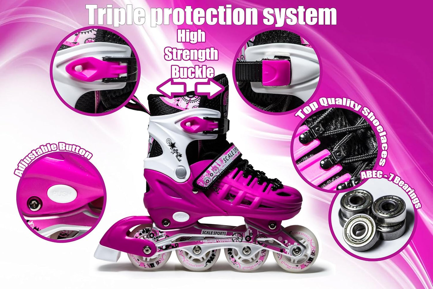 Scale Sports - Adjustuble Roller Skates with light up wheels  | Pink