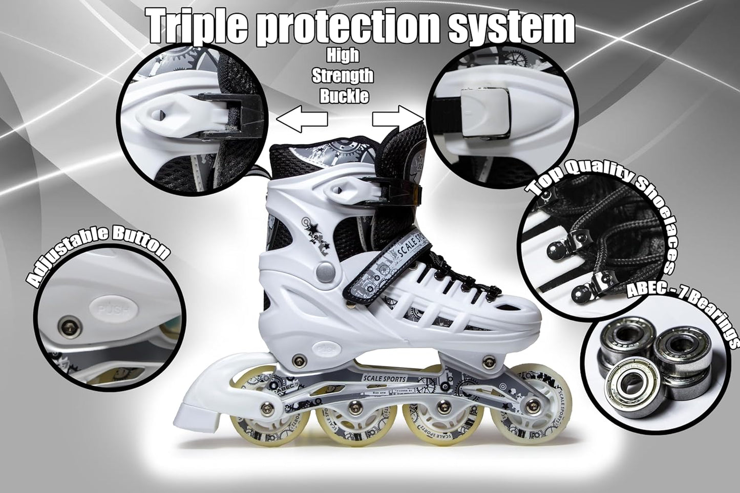 Scale Sports - Adjustuble Roller Skates with light up wheels for children and adults | White