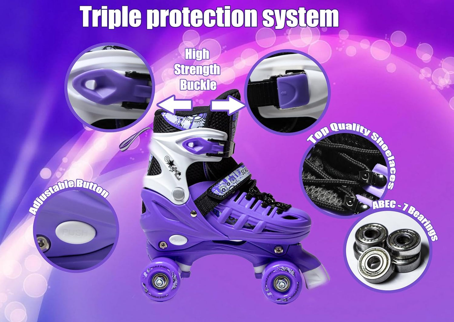 3 sizes Adjustable Quad Roller Skates for boys and girls | Purple