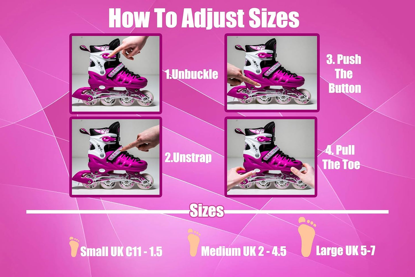 Scale Sports - Adjustuble Roller Skates with light up wheels  | Pink