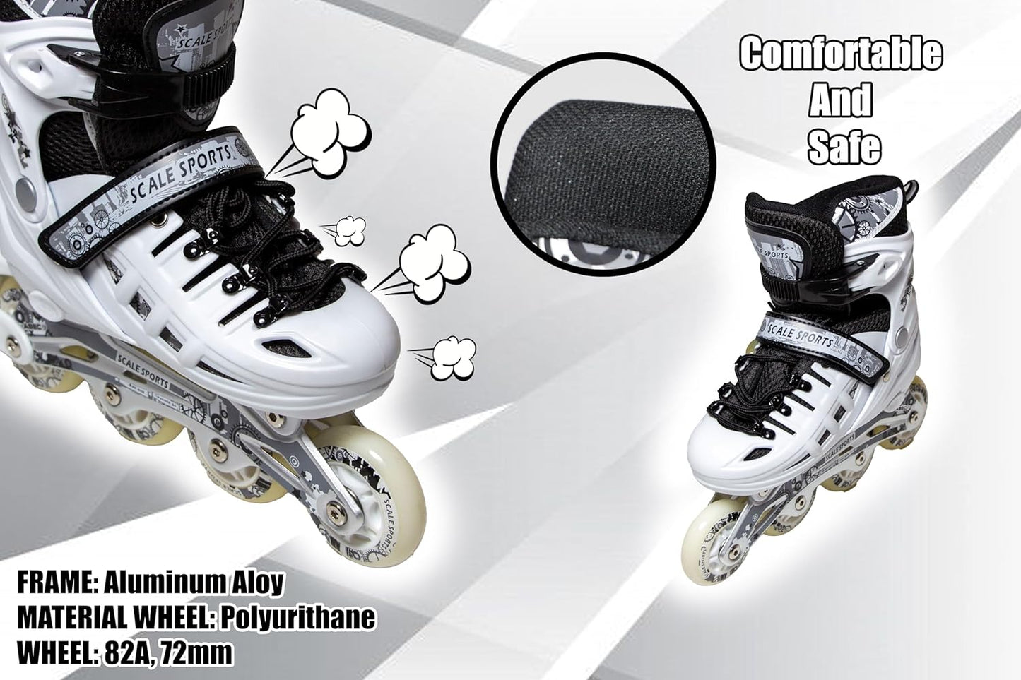 Scale Sports - Adjustuble Roller Skates with light up wheels for children and adults | White