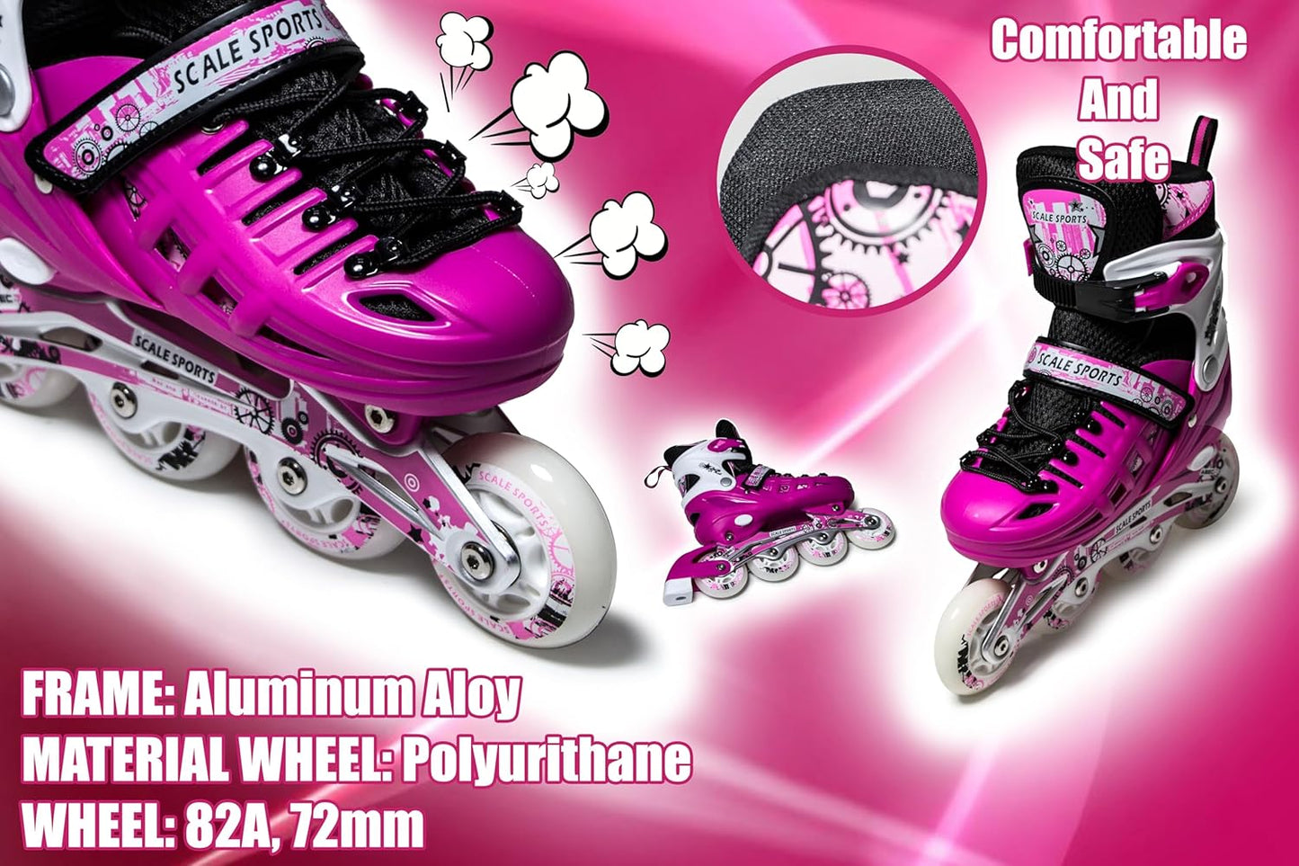 Scale Sports - Adjustuble Roller Skates with light up wheels  | Pink