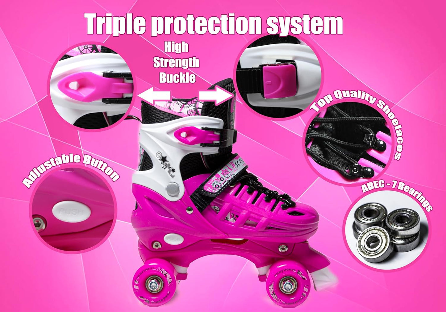 3 sizes Adjustable Quad Roller Skates for boys and girls | Pink