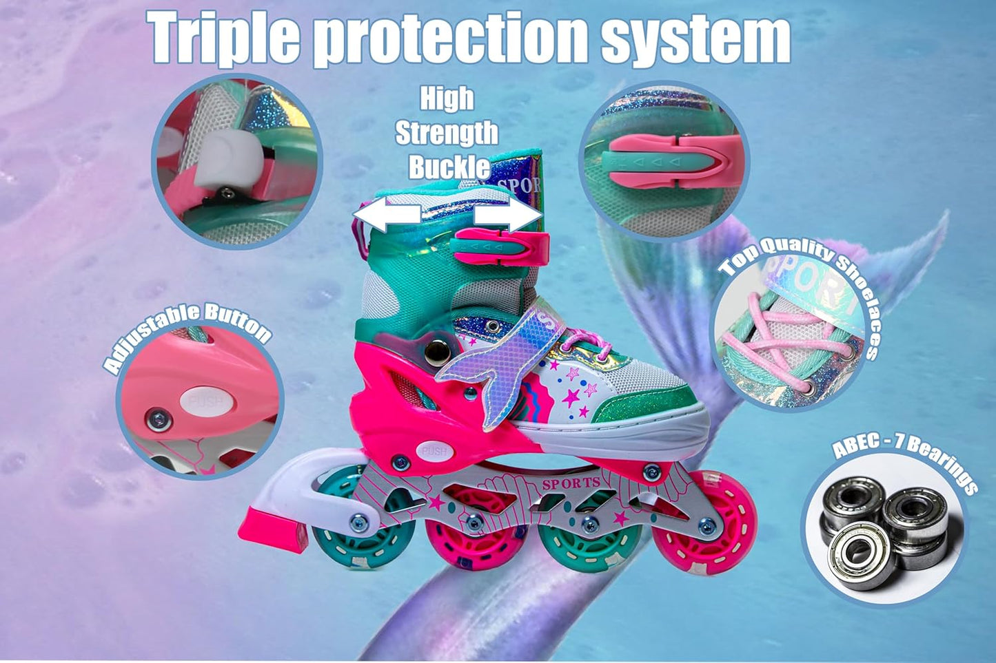 Mermaid Adjustable Inline Skates for Girls – Multicolour | Light-Up Wheels | Scale Sports