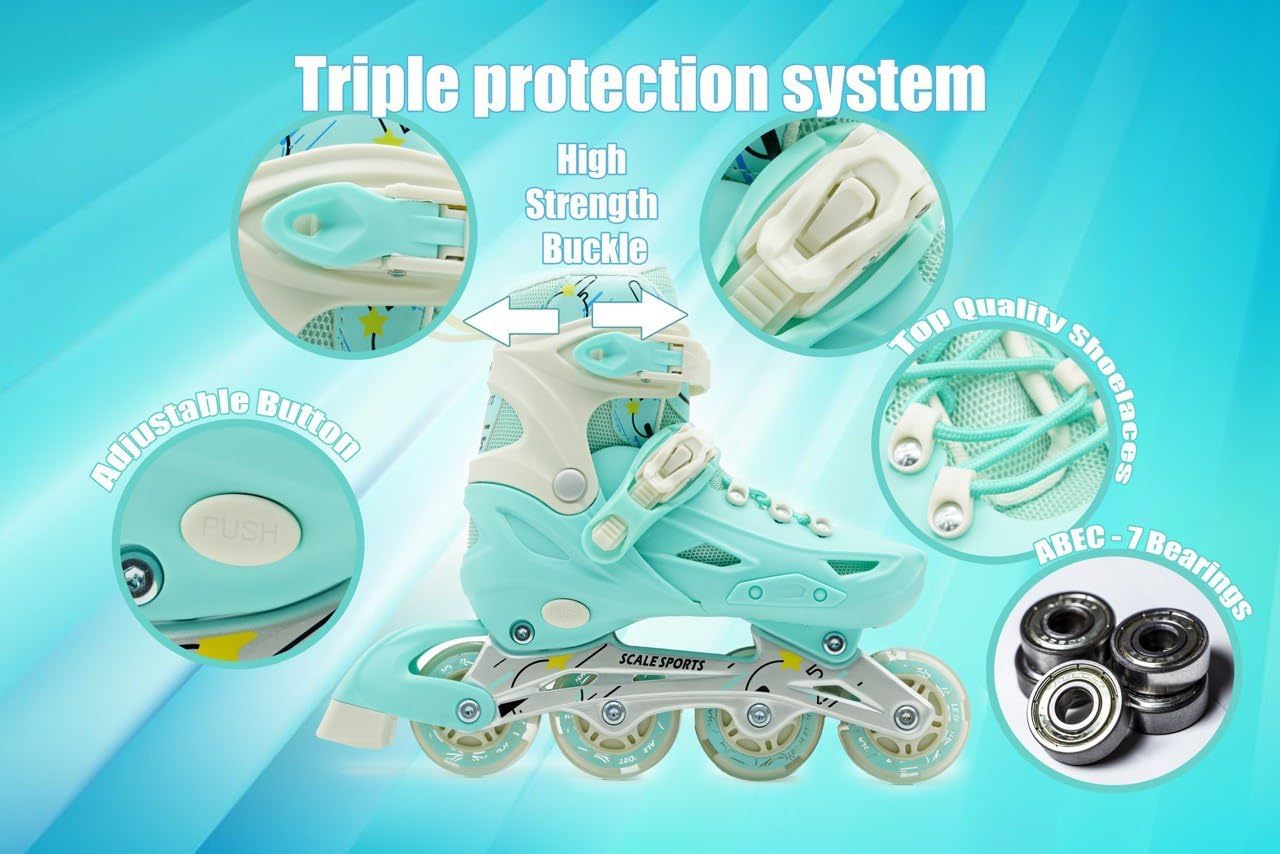 Scale Sports Adjustable Roller Skates with Light-Up Wheels – Kids Inline Roller Skates for Children and Adults Mint