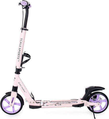 Scale Sports Purple Kick Scooter – Folding, Adjustable for Kids & Adults, Disc Brake, Dual Suspension, 200mm Wheels