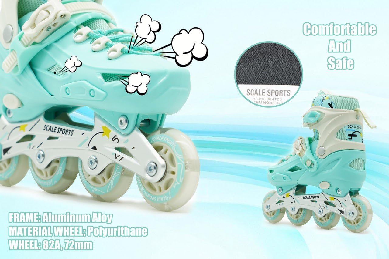 Scale Sports Adjustable Roller Skates with Light-Up Wheels – Kids Inline Roller Skates for Children and Adults Mint