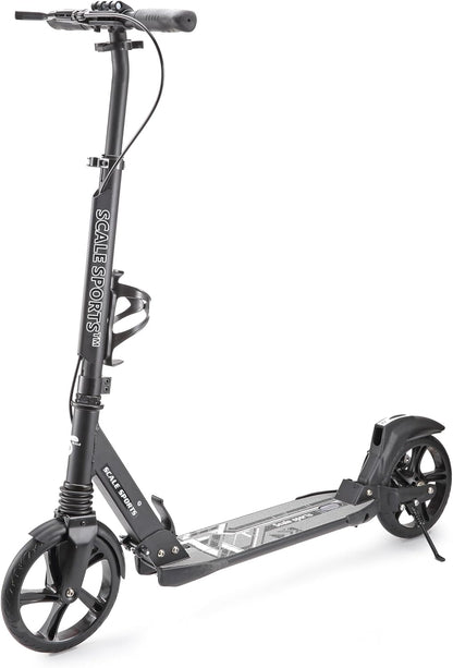 Scale Sports Black Kick Scooter – Folding, Adjustable for Kids & Adults, Disc Brake, Dual Suspension, 200mm Wheels