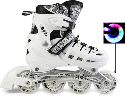 Scale Sports - Adjustuble Roller Skates with light up wheels for children and adults | White
