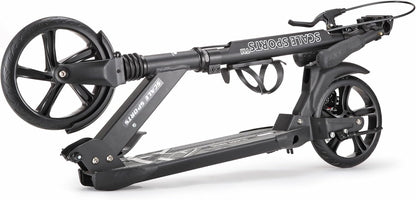 Scale Sports Black Kick Scooter – Folding, Adjustable for Kids & Adults, Disc Brake, Dual Suspension, 200mm Wheels